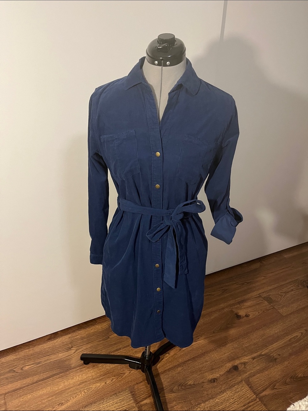 Velvet Heart Navy Snap-Front Mini Shirt Dress with Waist Tie